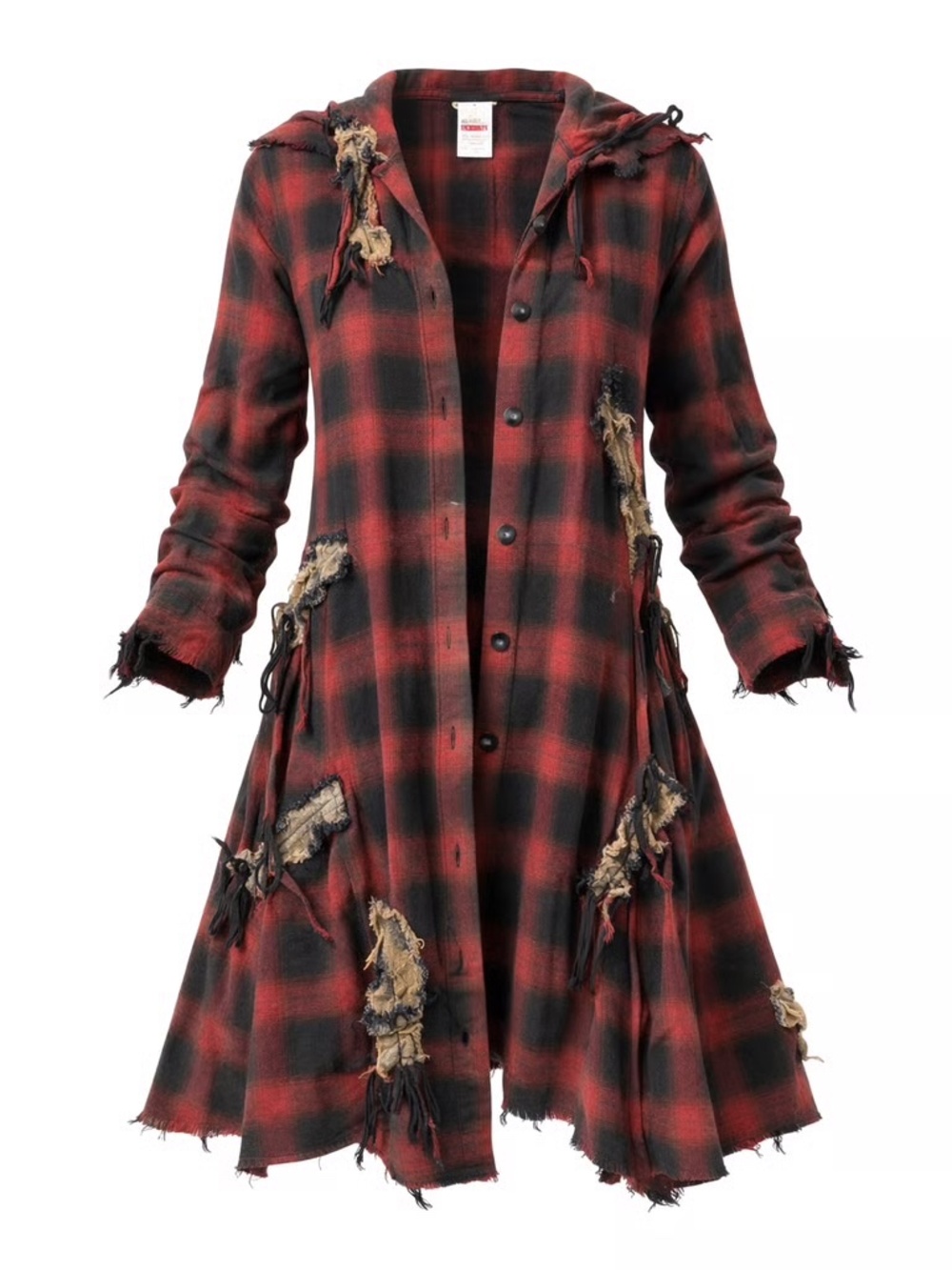 Bodil Boho Designer Layered Distressed Red Plaid Draped Collar Coat Jacket
